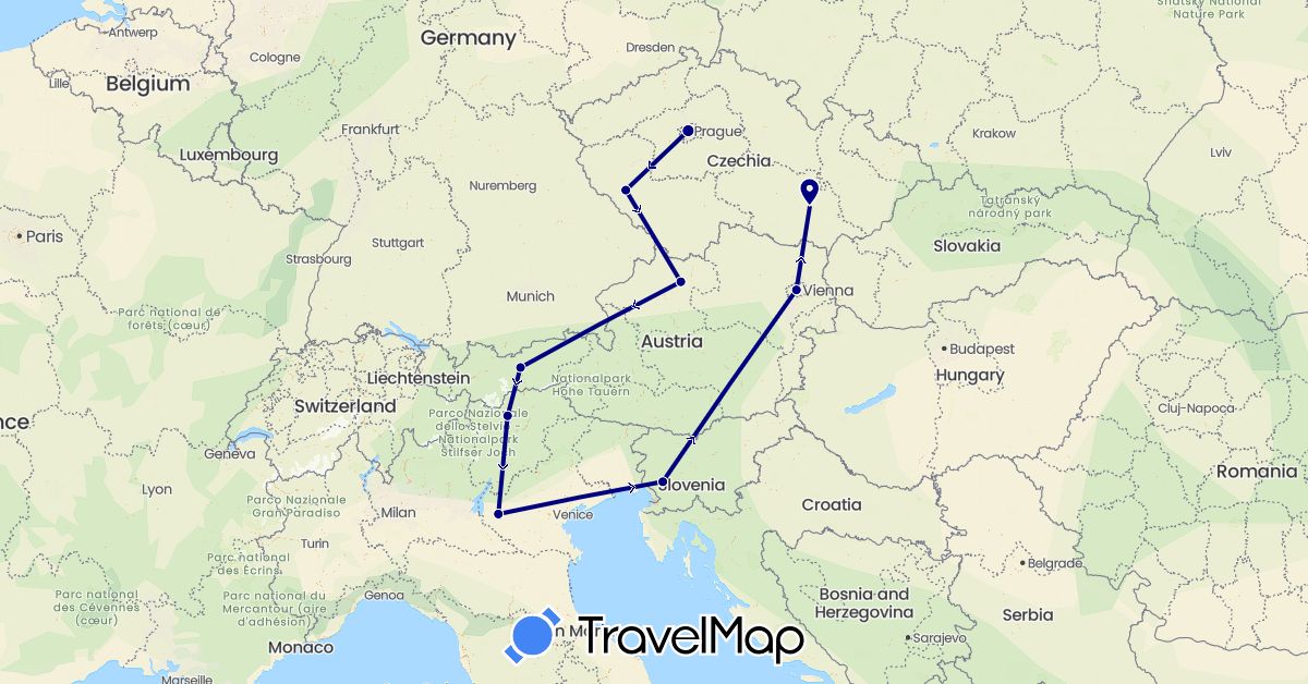 TravelMap itinerary: driving in Austria, Czech Republic, Italy, Slovenia (Europe)