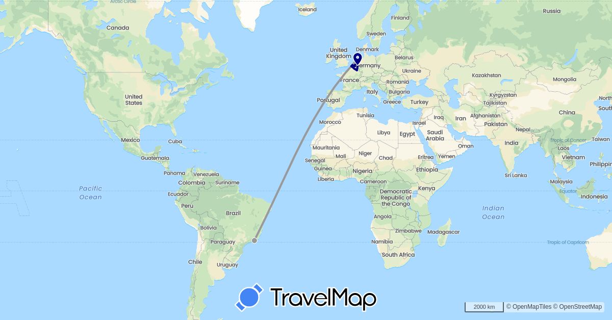 TravelMap itinerary: driving, plane, train, motorbike in Belgium, Brazil, Netherlands (Europe, South America)
